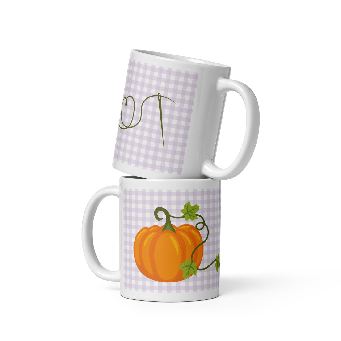 Glossy pumpkin sewing mug with needle and thread design – quilting coffee cup gift for sewists