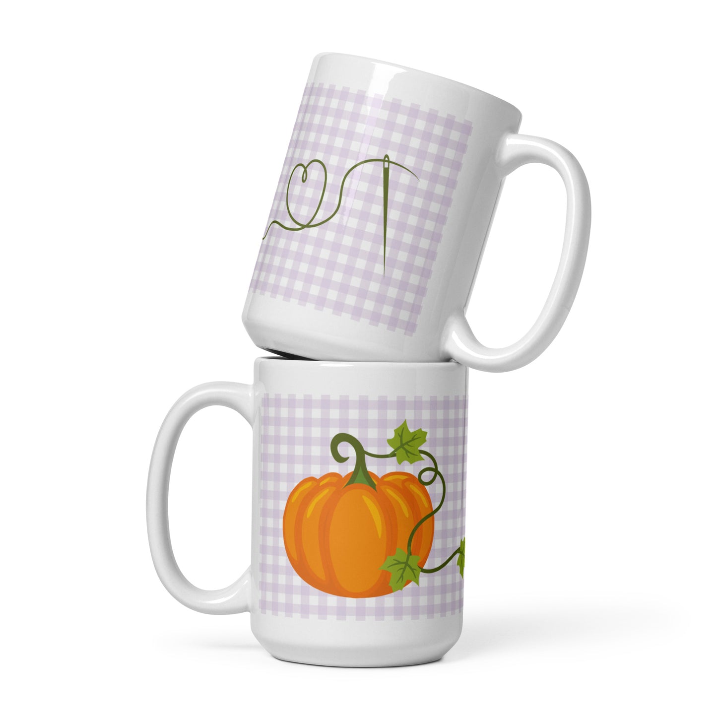 Glossy pumpkin sewing mug with needle and thread design – quilting coffee cup gift for sewists