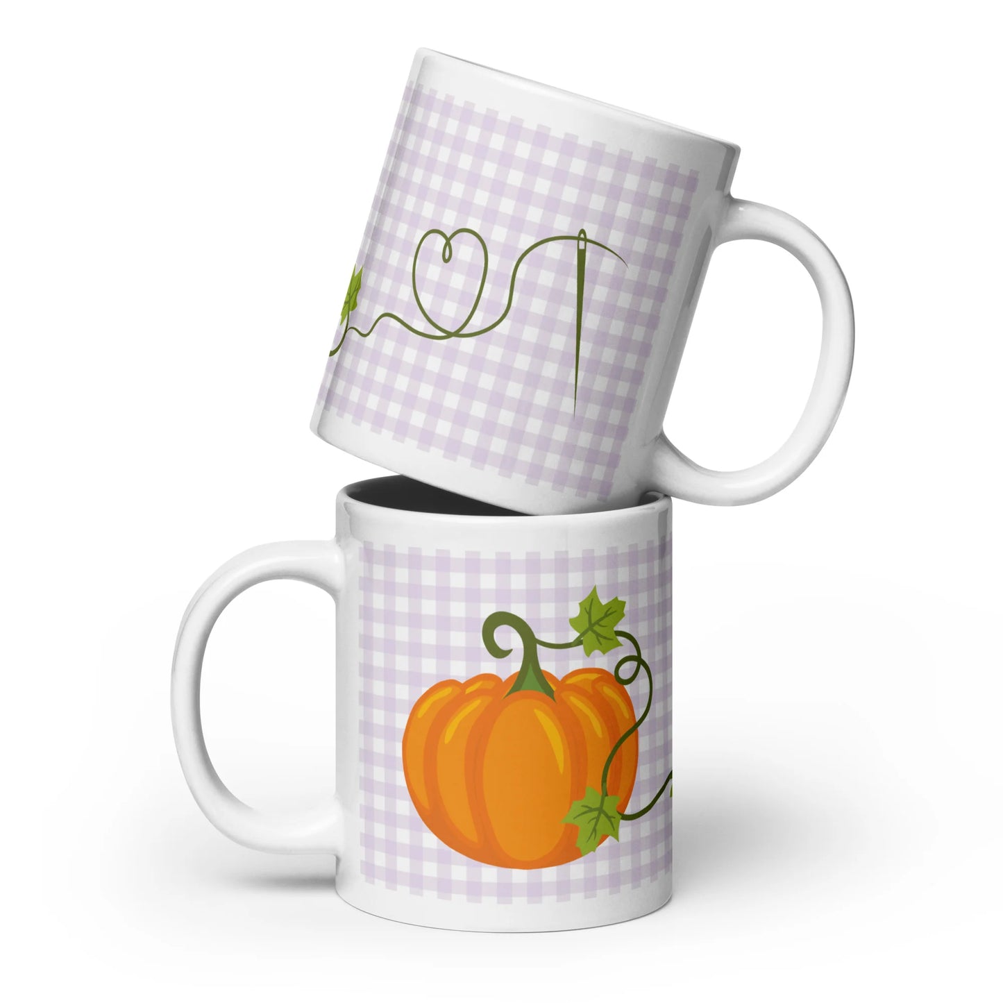 Glossy pumpkin sewing mug with needle and thread design – quilting coffee cup gift for sewists