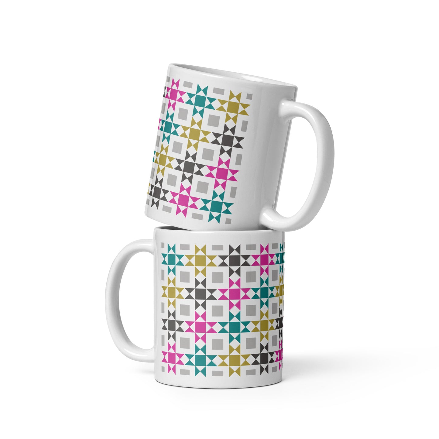 Glossy ceramic mug with colorful quilt patchwork pattern – quilting coffee cup gift for sewists