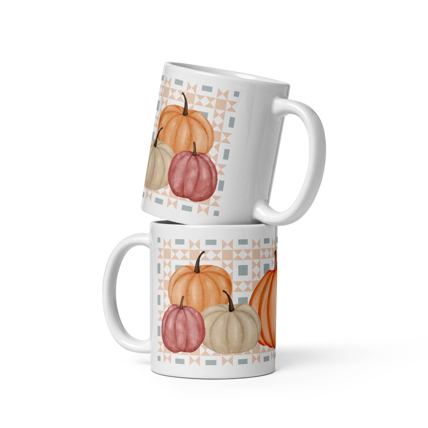 mug with pumpkins and geometric pattern on a white background