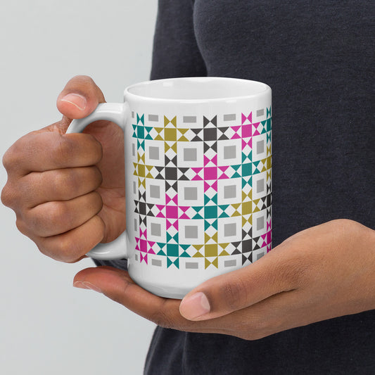Glossy ceramic mug with colorful quilt patchwork pattern – quilting coffee cup gift for sewists