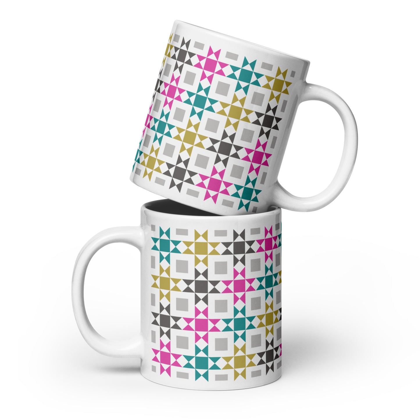 Glossy ceramic mug with colorful quilt patchwork pattern – quilting coffee cup gift for sewists