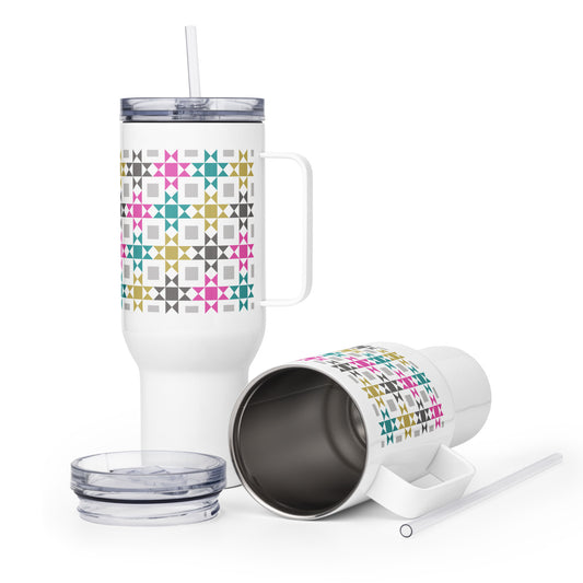 White tumbler with geometric pattern on a white background