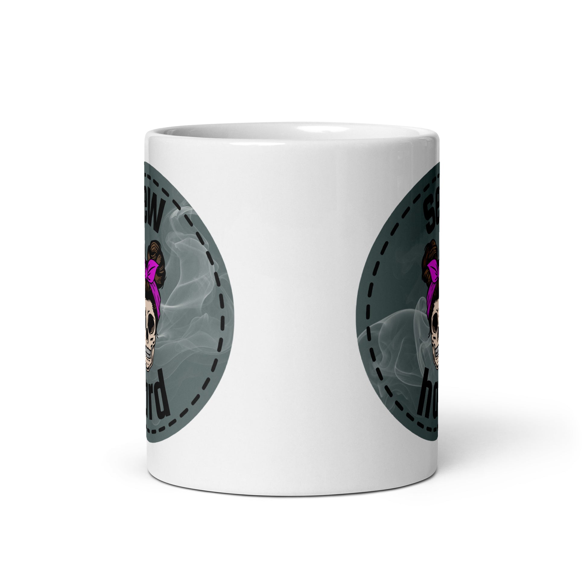 White ceramic mug with Sew Hard skull design featuring pigtail buns, pink bow, and smoky sage green background – sewing gift for quilters and sewists