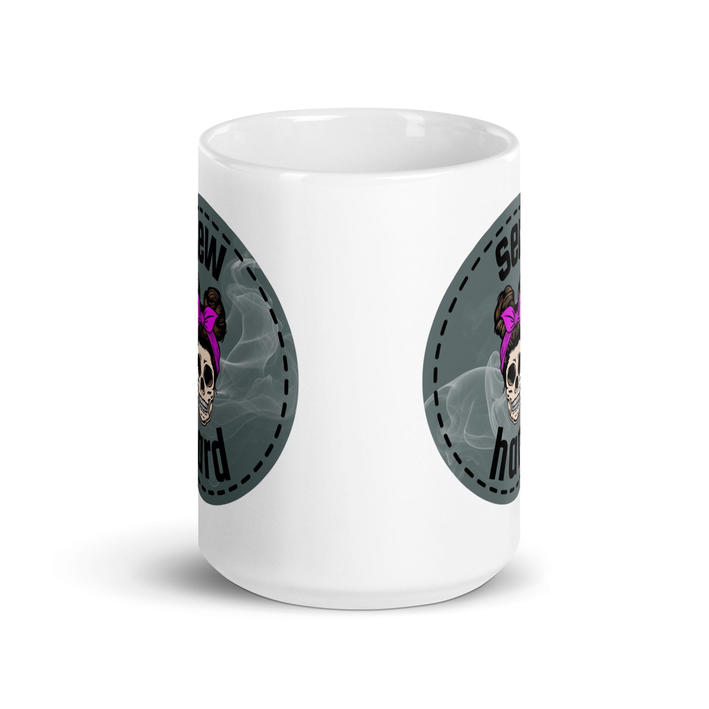 White ceramic mug with Sew Hard skull design featuring pigtail buns, pink bow, and smoky sage green background – sewing gift for quilters and sewists