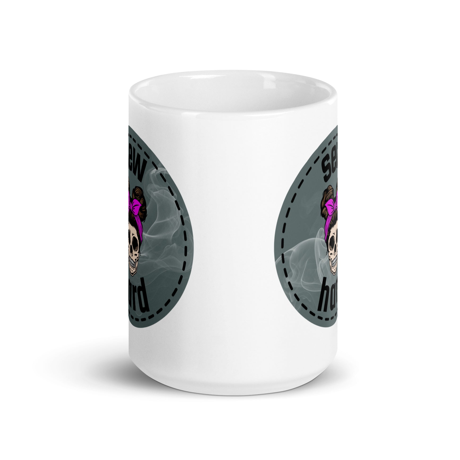 White ceramic mug with Sew Hard skull design featuring pigtail buns, pink bow, and smoky sage green background – sewing gift for quilters and sewists