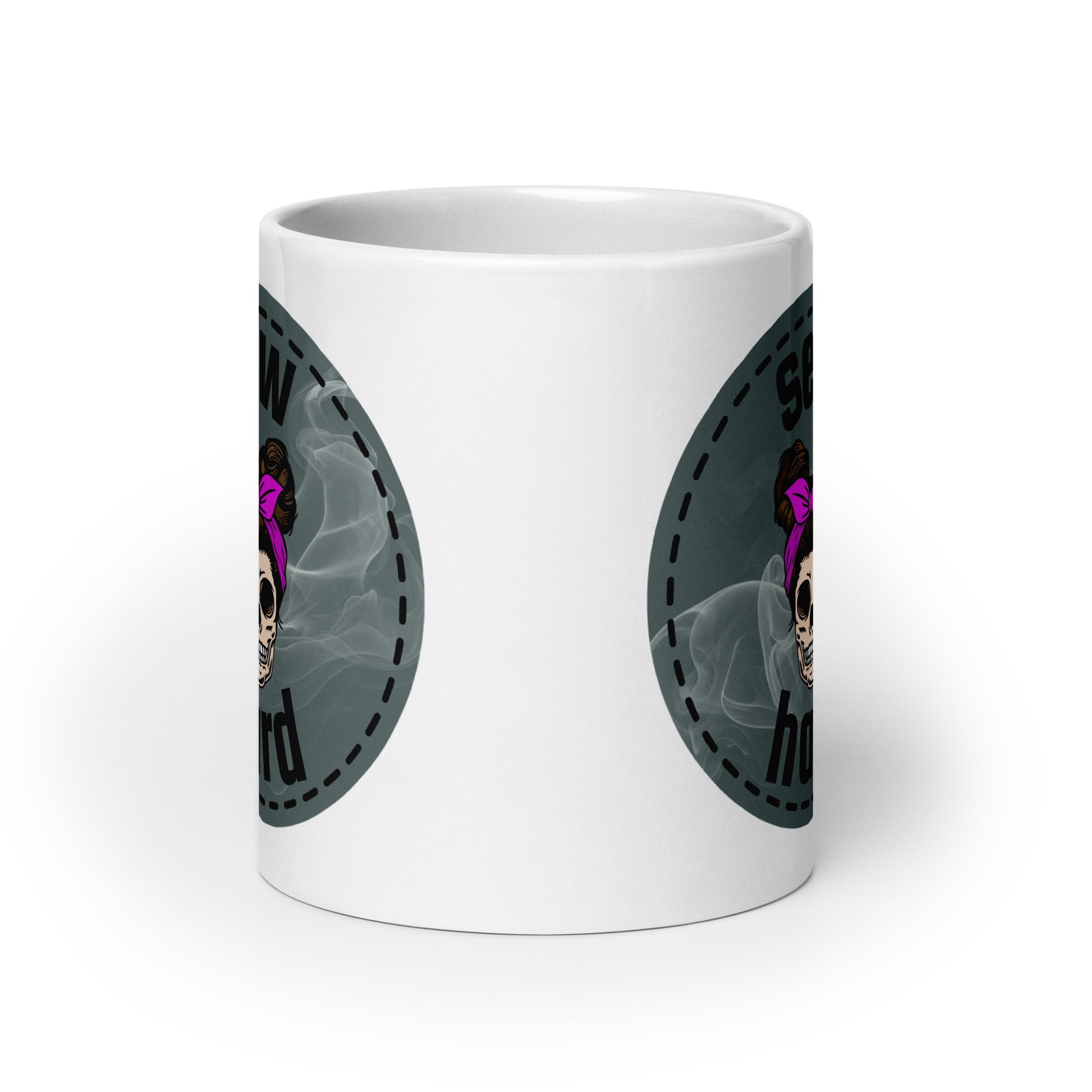 White ceramic mug with Sew Hard skull design featuring pigtail buns, pink bow, and smoky sage green background – sewing gift for quilters and sewists
