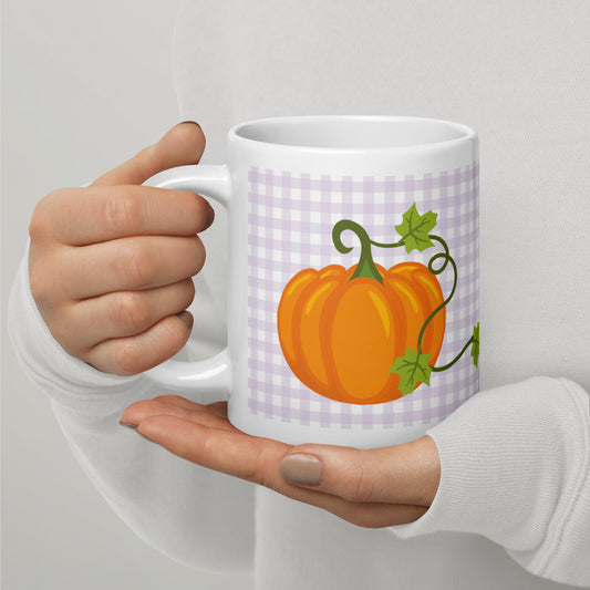 Glossy pumpkin sewing mug with needle and thread design – quilting coffee cup gift for sewists