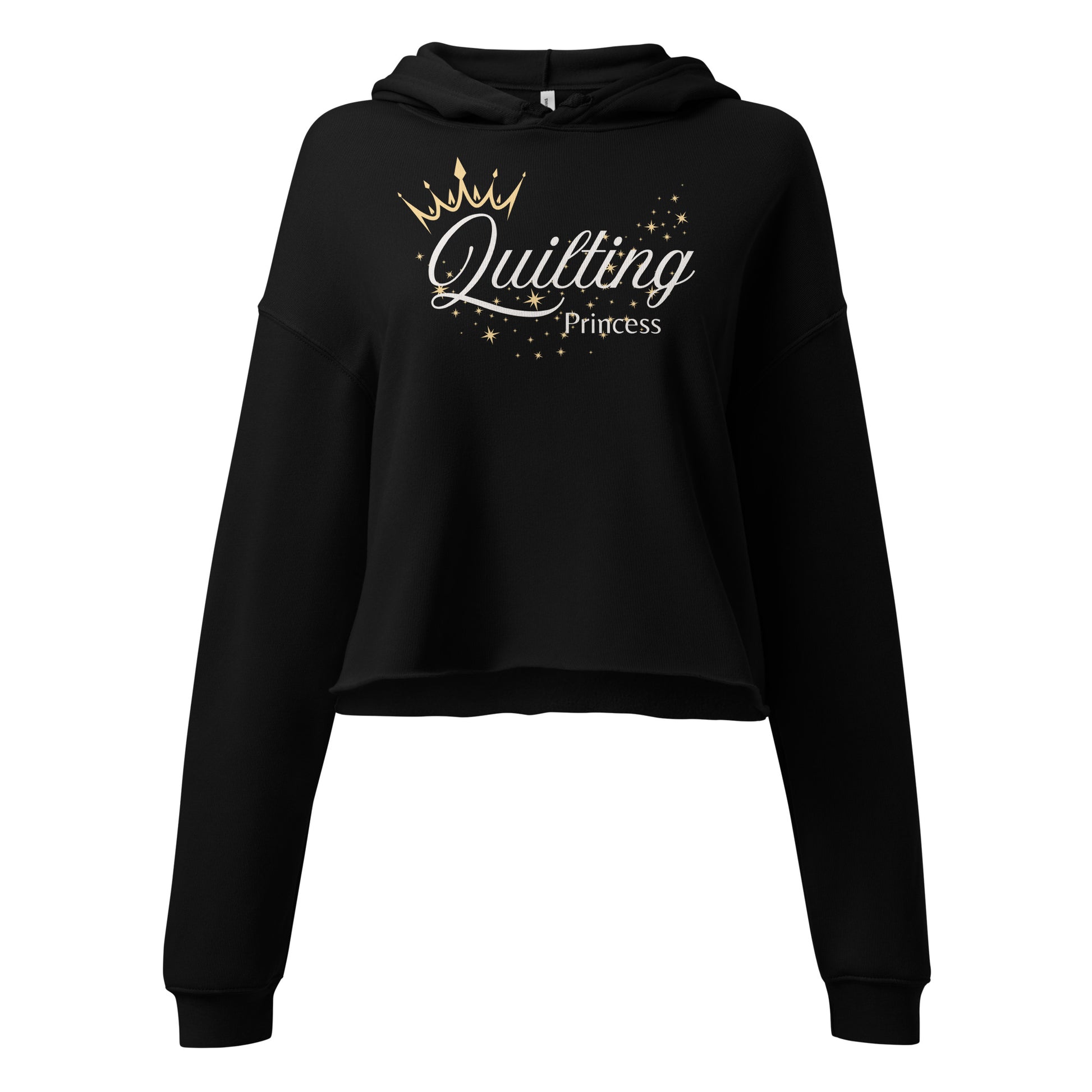 Women’s cropped hoodie with “Quilting Princess” text and crown over the Q – cozy sewing apparel gift for quilters and sewists