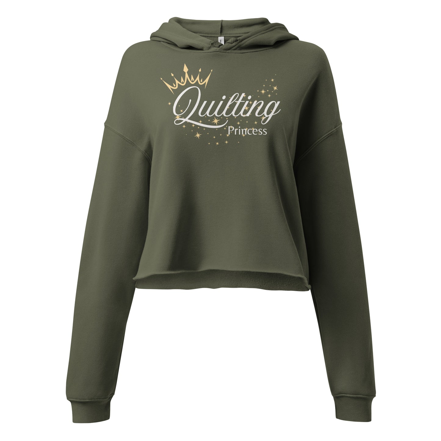 Women’s cropped hoodie with “Quilting Princess” text and crown over the Q – cozy sewing apparel gift for quilters and sewists