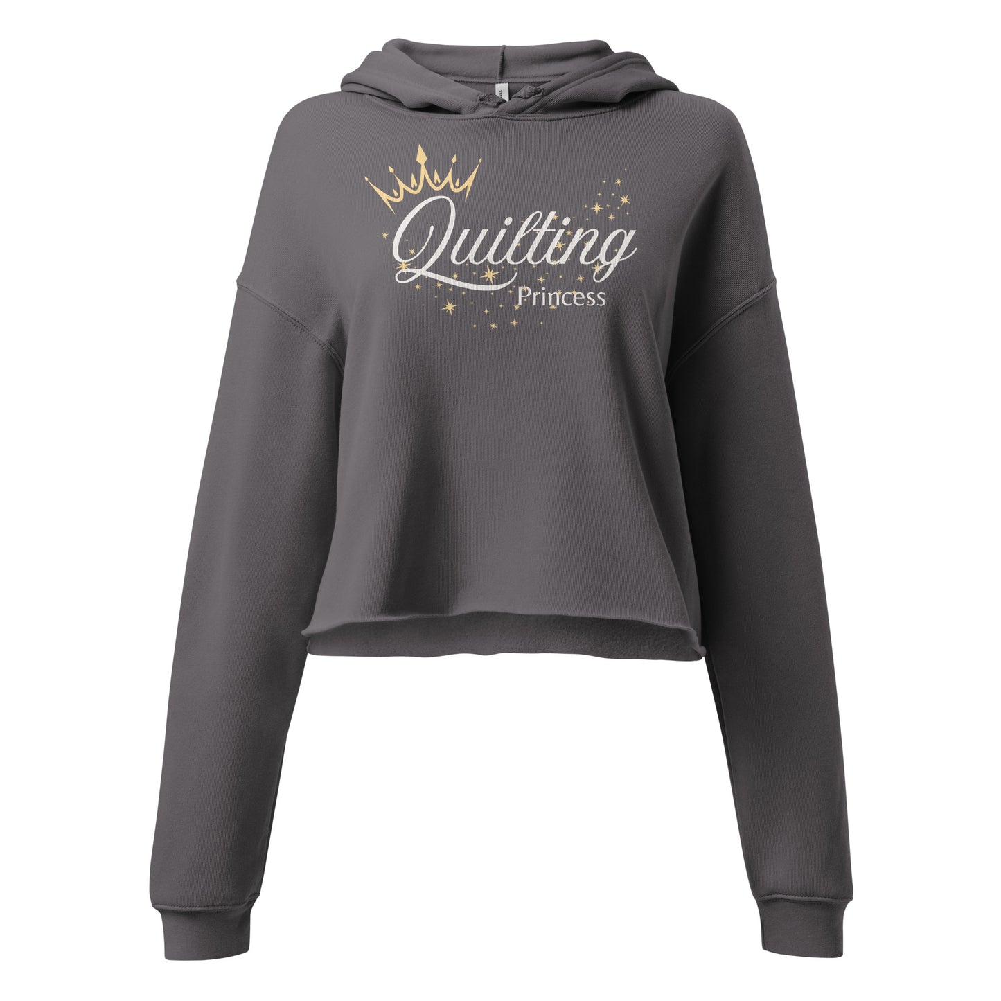 Women’s cropped hoodie with “Quilting Princess” text and crown over the Q – cozy sewing apparel gift for quilters and sewists